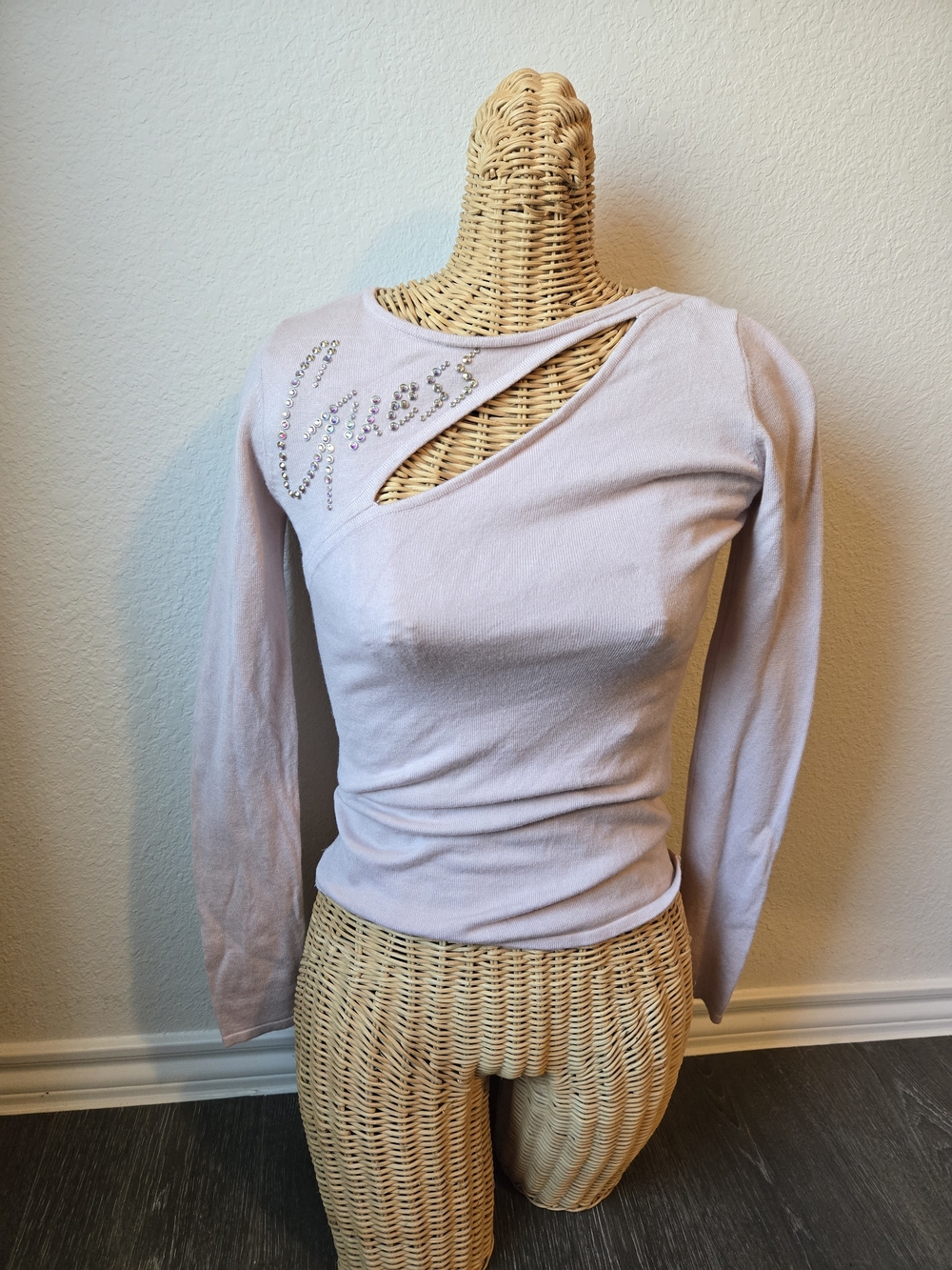 Guess Light Pink Long-Sleeve Cutout Top with Rhinestone Logo